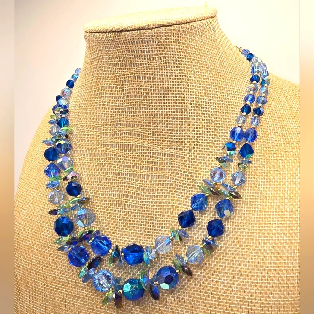 Vendome Blue Green Aurora Borealis Crystal Glass 2 Strand Bead Vintage Necklace